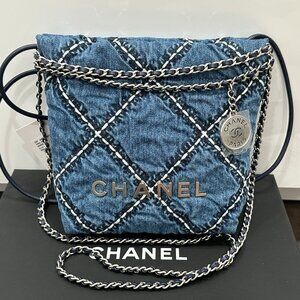 Chanel 22 MINI HANDBAG Quilted BLUE DENIM CROSSBODY HOBO BAG SHW